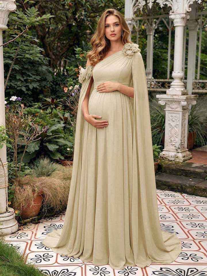A-Line/Princess One-Shoulder Floor-Length Maternity Wedding Guest Dresses with Pleated &amp; 3D Floral