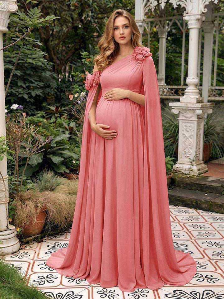 A-Line/Princess One-Shoulder Floor-Length Maternity Wedding Guest Dresses with Pleated &amp; 3D Floral