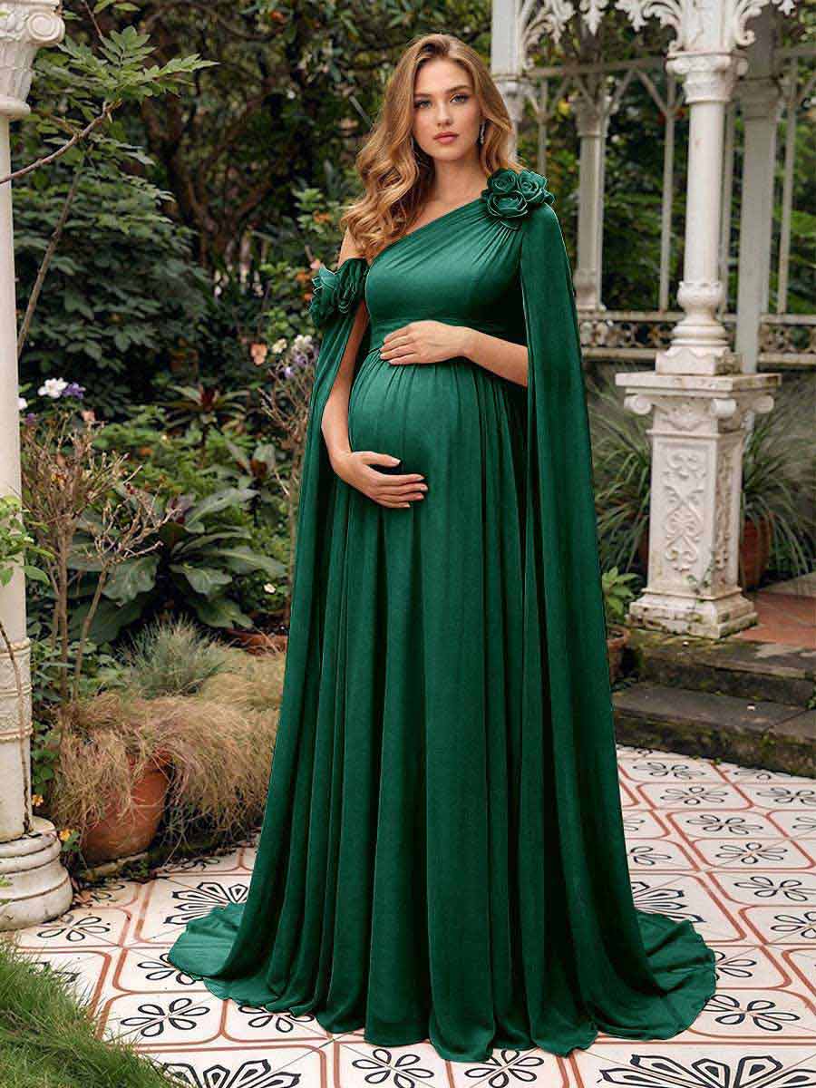 Lavetir Dark Green A-Line/Princess One-Shoulder Floor-Length Maternity Wedding Guest Dresses with Pleated & 3D Floral 2026