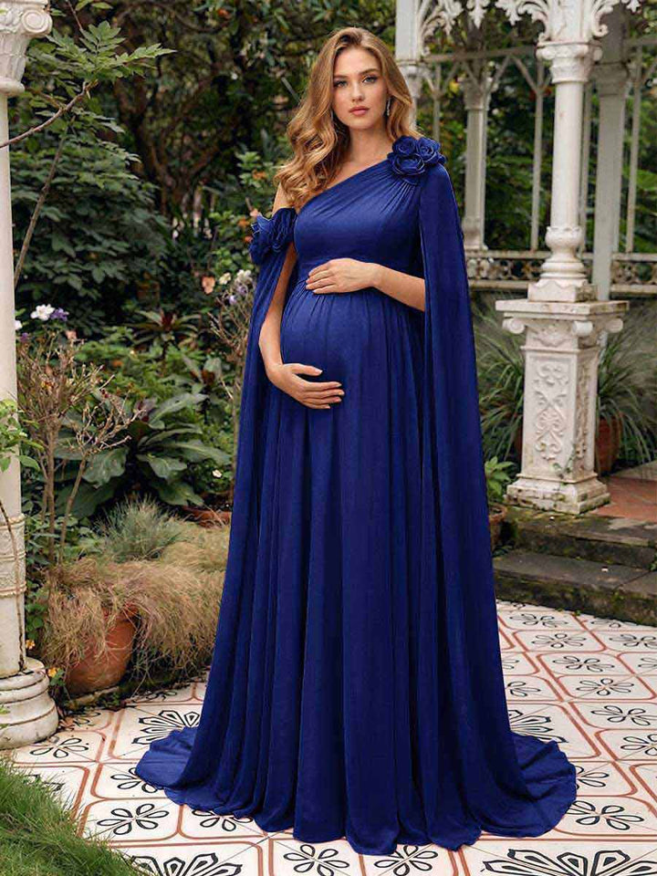 A-Line/Princess One-Shoulder Floor-Length Maternity Wedding Guest Dresses with Pleated &amp; 3D Floral