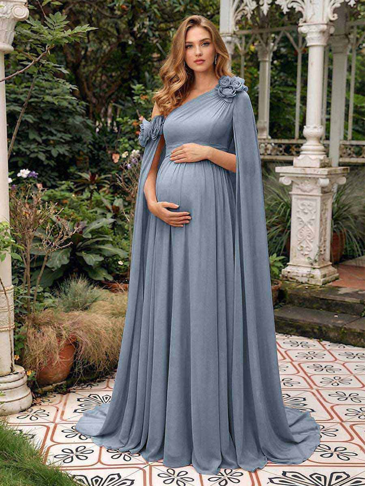 A-Line/Princess One-Shoulder Floor-Length Maternity Wedding Guest Dresses with Pleated &amp; 3D Floral