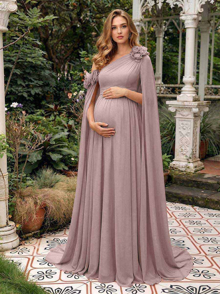 A-Line/Princess One-Shoulder Floor-Length Maternity Wedding Guest Dresses with Pleated &amp; 3D Floral