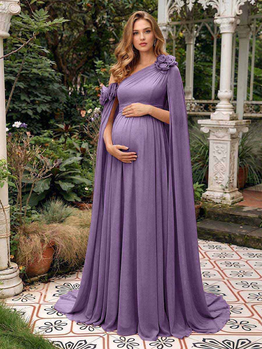 A-Line/Princess One-Shoulder Floor-Length Maternity Wedding Guest Dresses with Pleated &amp; 3D Floral