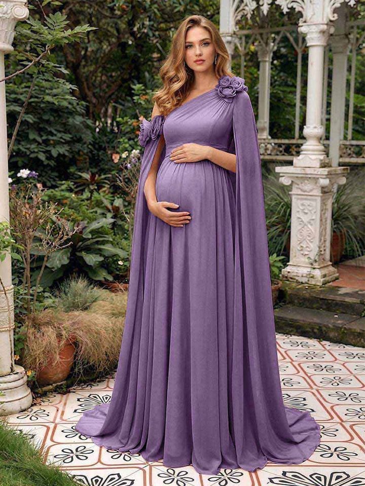 A-Line/Princess One-Shoulder Floor-Length Maternity Wedding Guest Dresses with Pleated &amp; 3D Floral