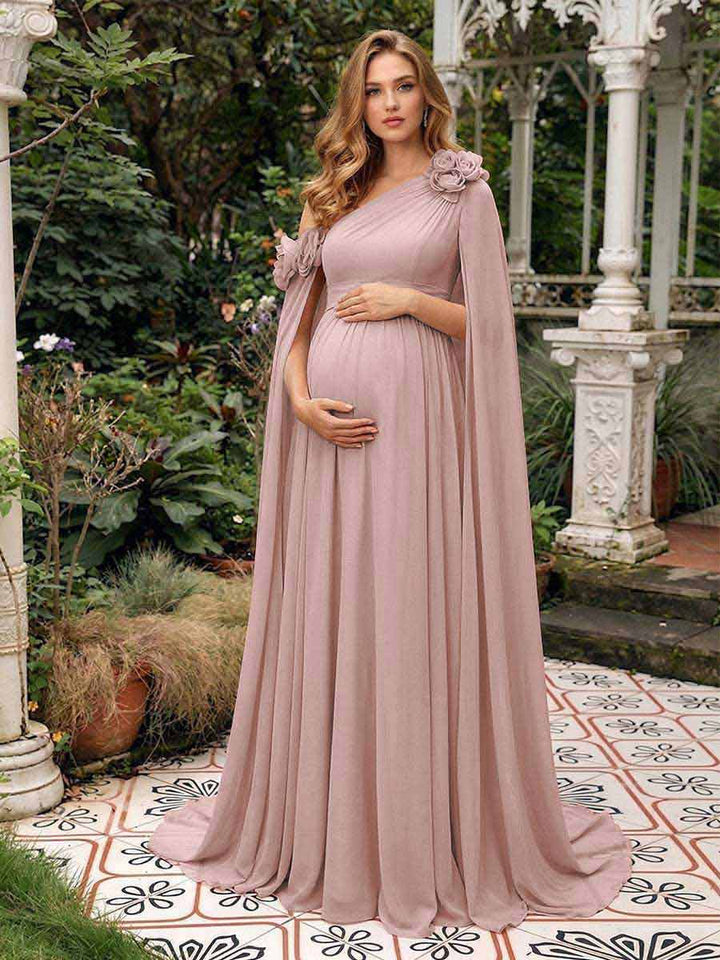A-Line/Princess One-Shoulder Floor-Length Maternity Wedding Guest Dresses with Pleated &amp; 3D Floral