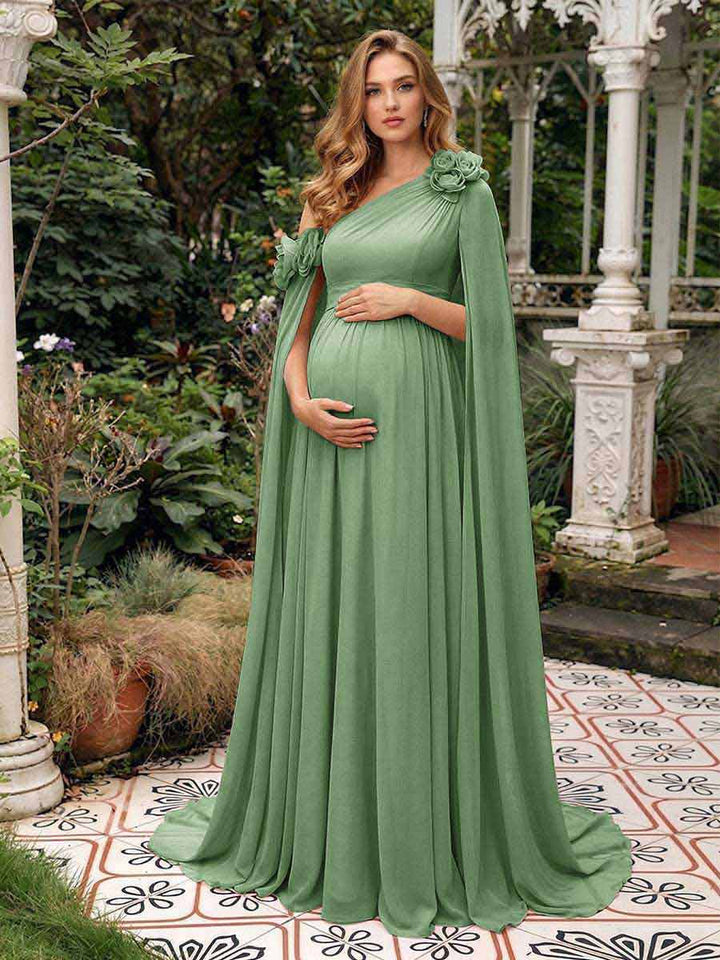 A-Line/Princess One-Shoulder Floor-Length Maternity Wedding Guest Dresses with Pleated &amp; 3D Floral