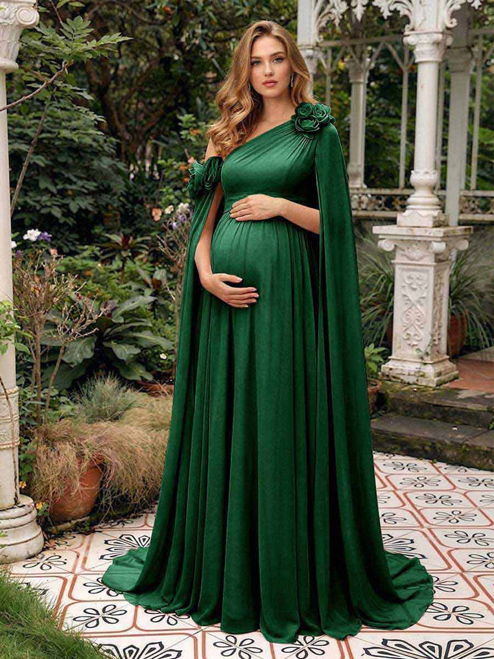 A-Line/Princess One-Shoulder Floor-Length Maternity Wedding Guest Dresses with Pleated &amp; 3D Floral
