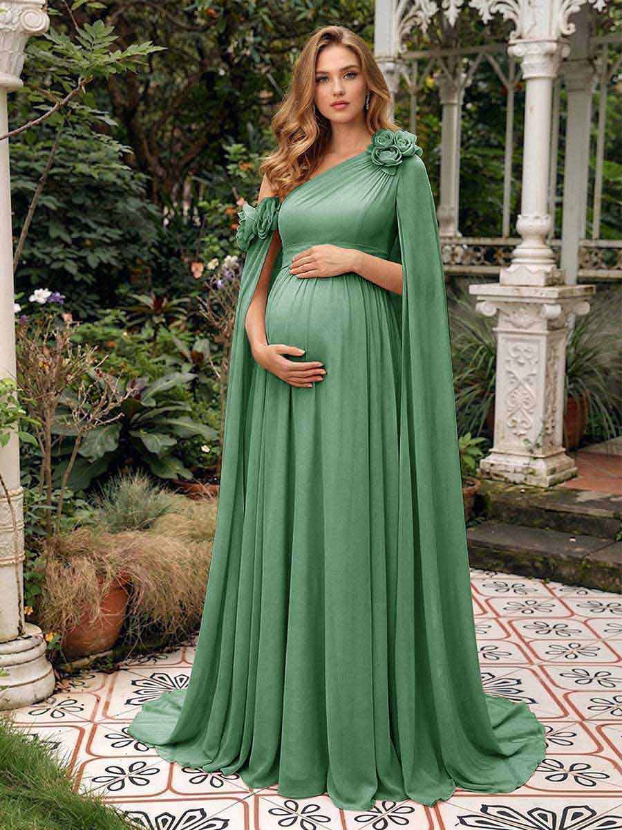 A-Line/Princess One-Shoulder Floor-Length Maternity Wedding Guest Dresses with Pleated &amp; 3D Floral