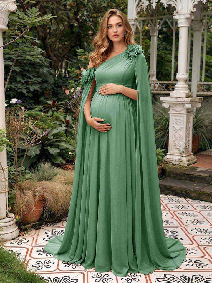 A-Line/Princess One-Shoulder Floor-Length Maternity Wedding Guest Dresses with Pleated &amp; 3D Floral