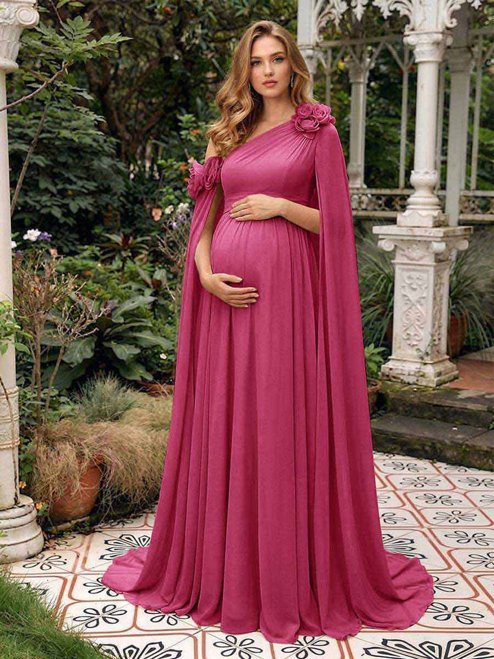 A-Line/Princess One-Shoulder Floor-Length Maternity Wedding Guest Dresses with Pleated &amp; 3D Floral