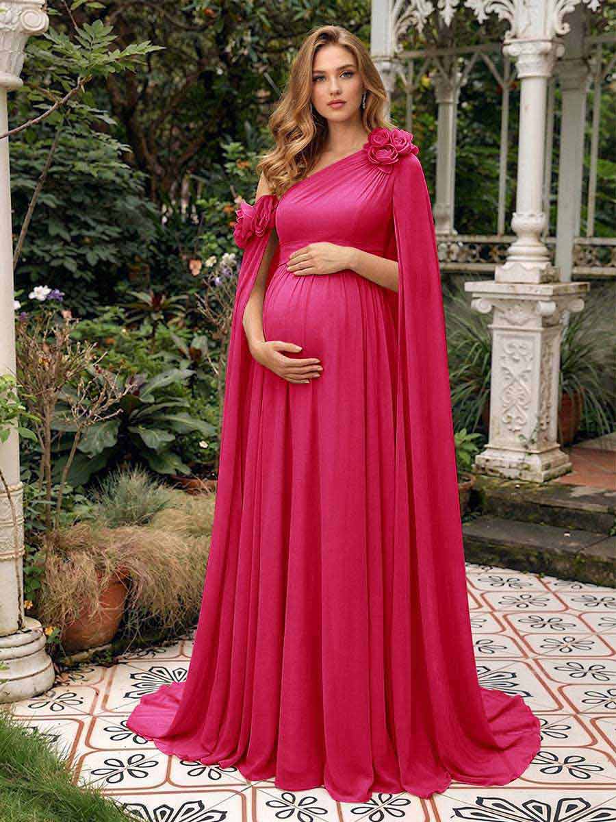 A-Line/Princess One-Shoulder Floor-Length Maternity Wedding Guest Dresses with Pleated &amp; 3D Floral