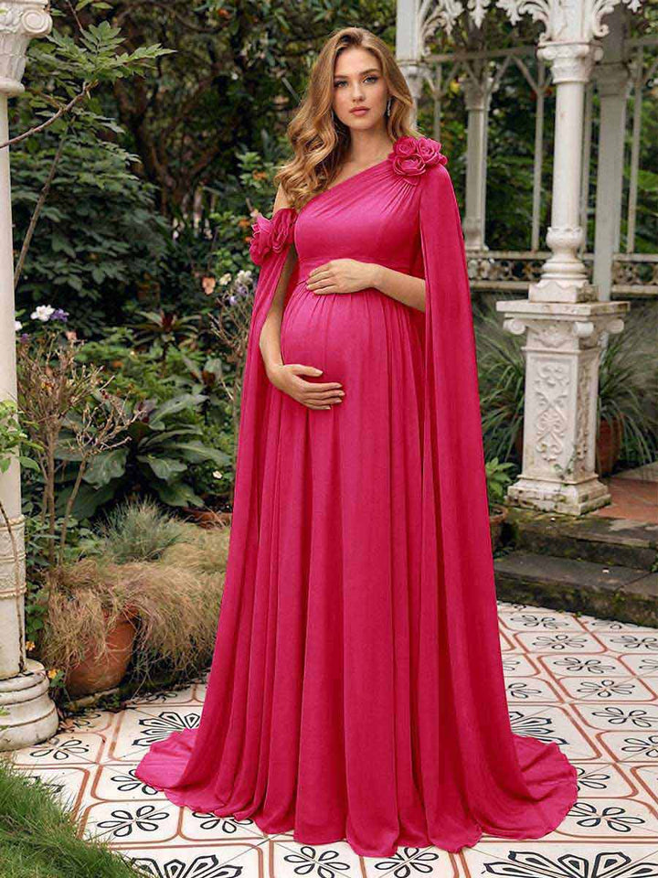 A-Line/Princess One-Shoulder Floor-Length Maternity Wedding Guest Dresses with Pleated &amp; 3D Floral
