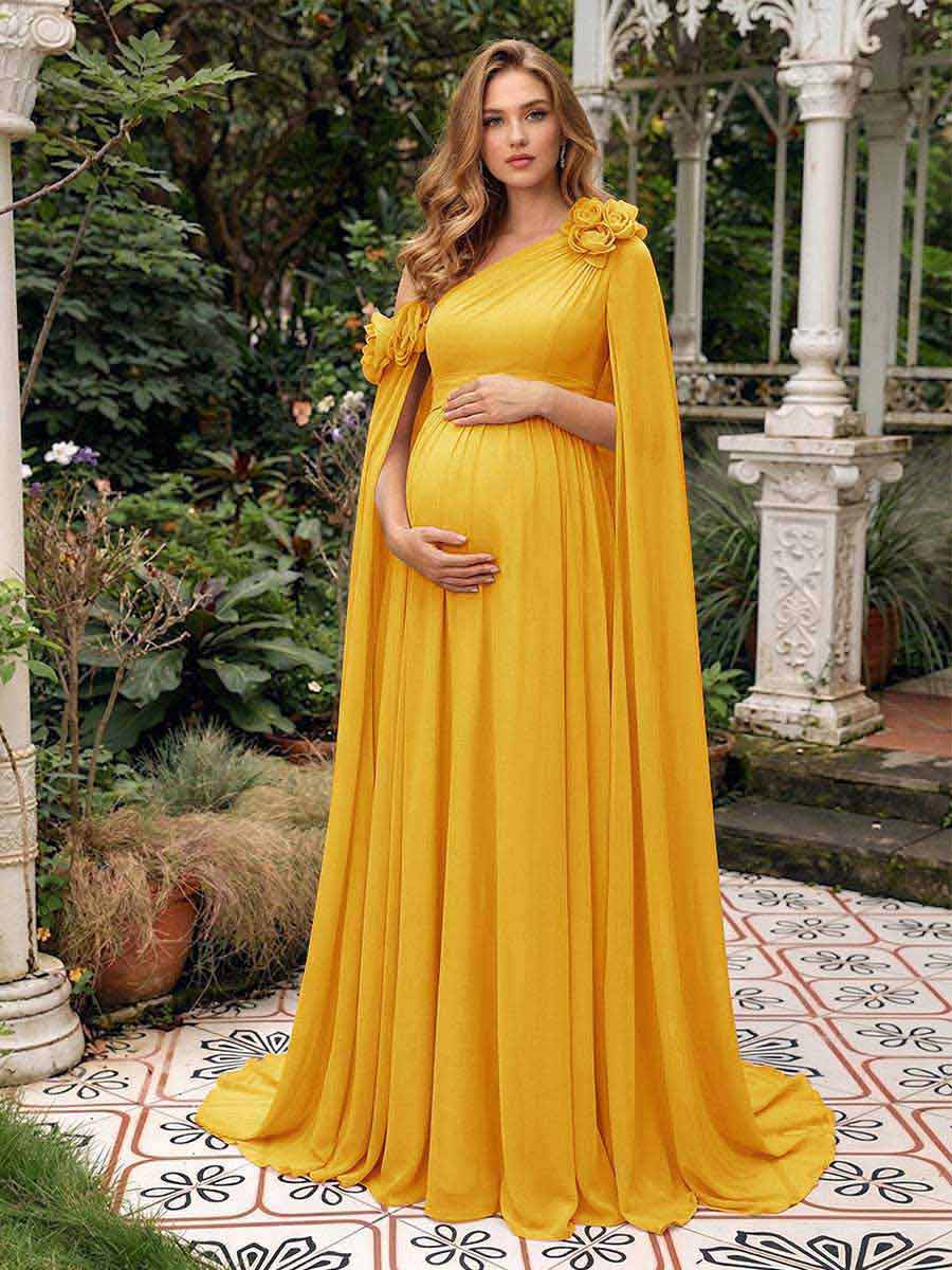 A-Line/Princess One-Shoulder Floor-Length Maternity Wedding Guest Dresses with Pleated &amp; 3D Floral