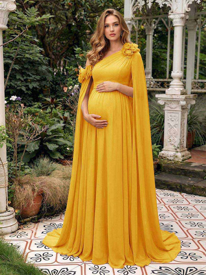 A-Line/Princess One-Shoulder Floor-Length Maternity Wedding Guest Dresses with Pleated &amp; 3D Floral