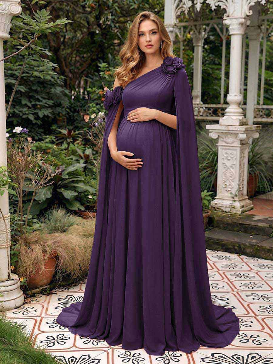 A-Line/Princess One-Shoulder Floor-Length Maternity Wedding Guest Dresses with Pleated &amp; 3D Floral