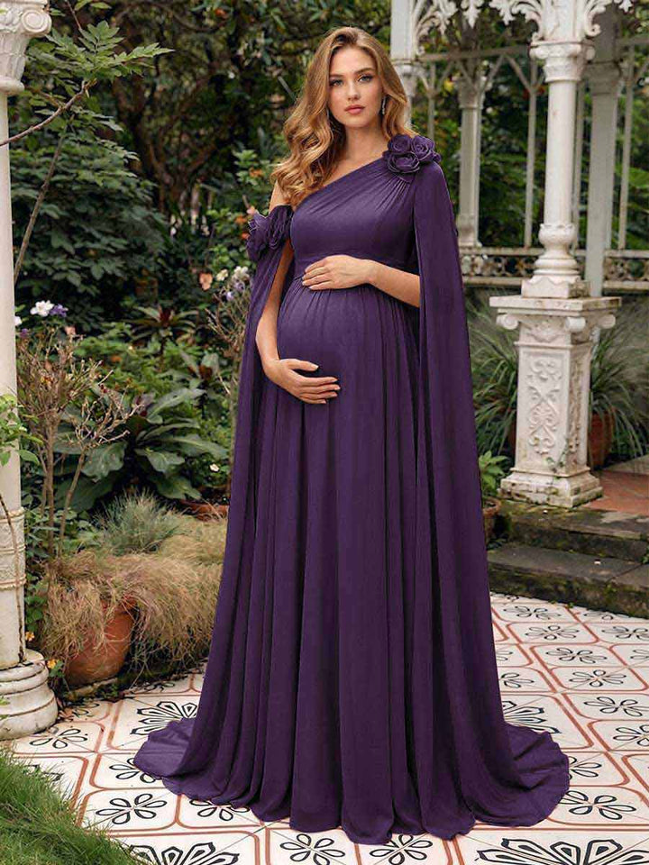 A-Line/Princess One-Shoulder Floor-Length Maternity Wedding Guest Dresses with Pleated &amp; 3D Floral