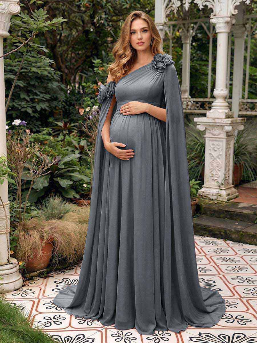 A-Line/Princess One-Shoulder Floor-Length Maternity Wedding Guest Dresses with Pleated &amp; 3D Floral