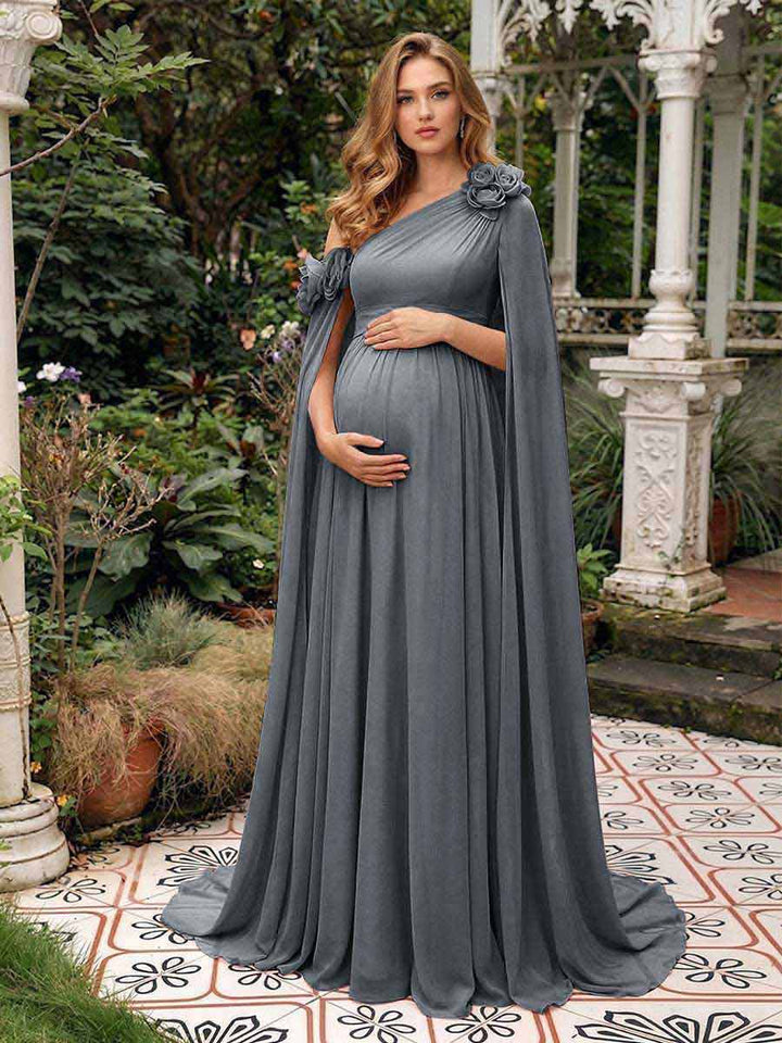 A-Line/Princess One-Shoulder Floor-Length Maternity Wedding Guest Dresses with Pleated &amp; 3D Floral