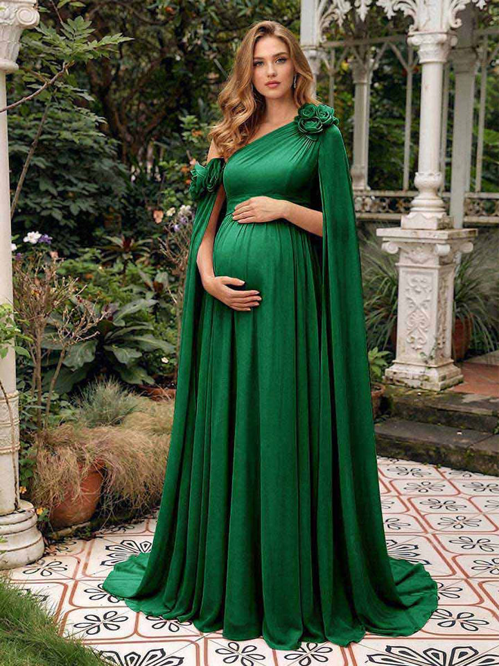 A-Line/Princess One-Shoulder Floor-Length Maternity Wedding Guest Dresses with Pleated &amp; 3D Floral