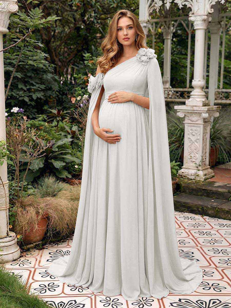 A-Line/Princess One-Shoulder Floor-Length Maternity Wedding Guest Dresses with Pleated &amp; 3D Floral