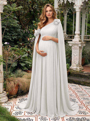 A-Line/Princess One-Shoulder Floor-Length Maternity Wedding Guest Dresses with Pleated & 3D Floral