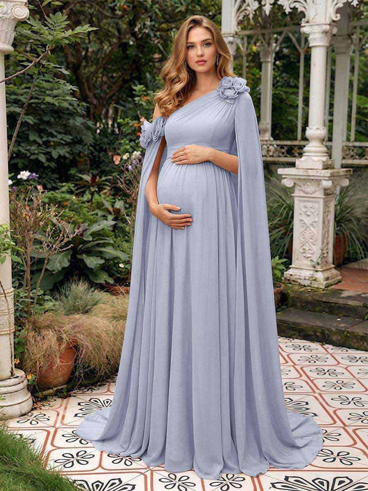 A-Line/Princess One-Shoulder Floor-Length Maternity Wedding Guest Dresses with Pleated &amp; 3D Floral
