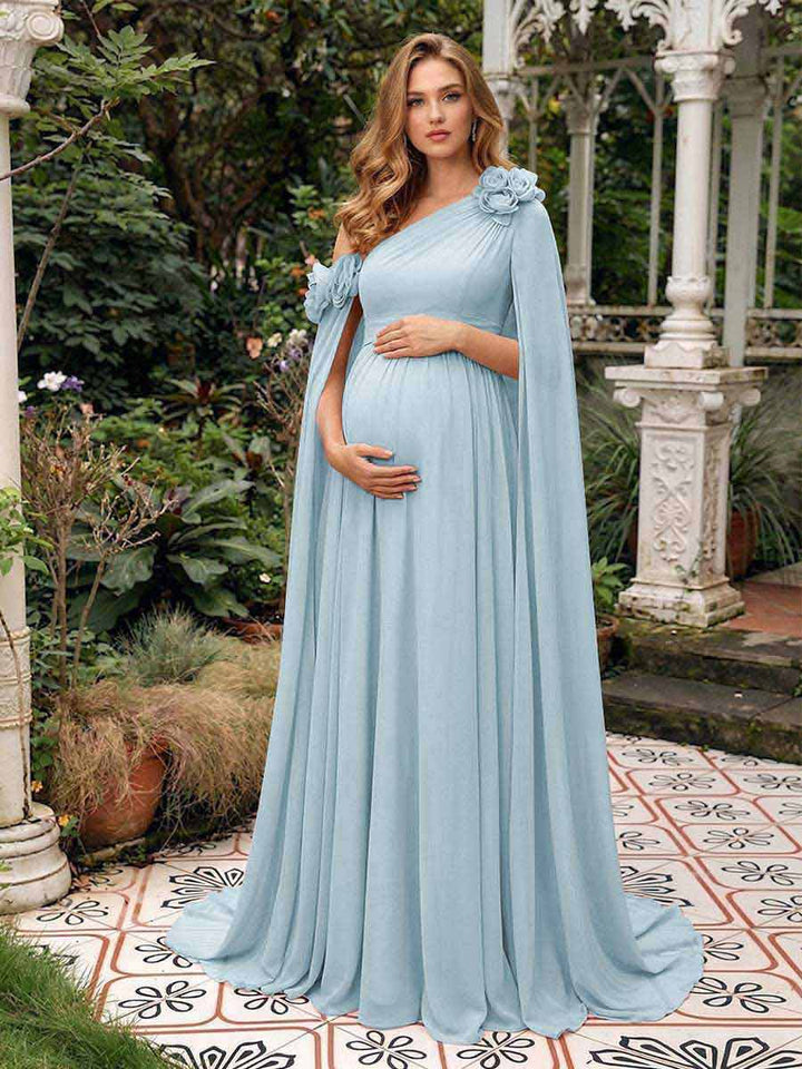 A-Line/Princess One-Shoulder Floor-Length Maternity Wedding Guest Dresses with Pleated &amp; 3D Floral
