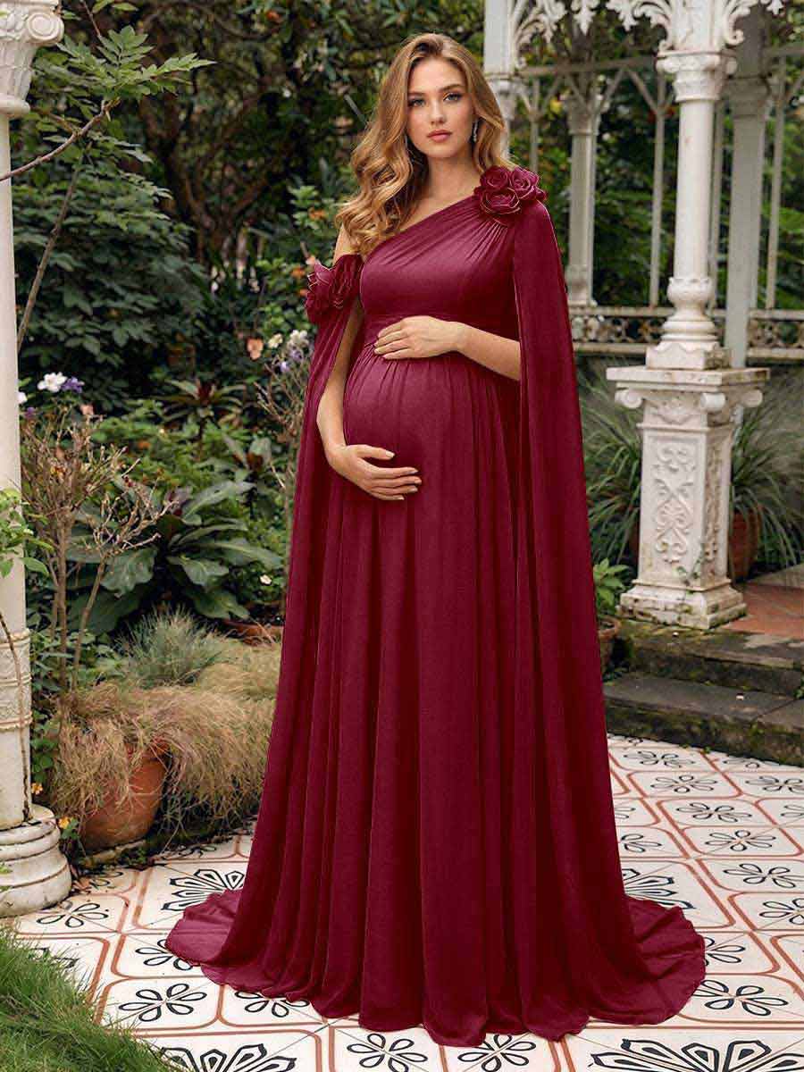 A-Line/Princess One-Shoulder Floor-Length Maternity Wedding Guest Dresses with Pleated &amp; 3D Floral