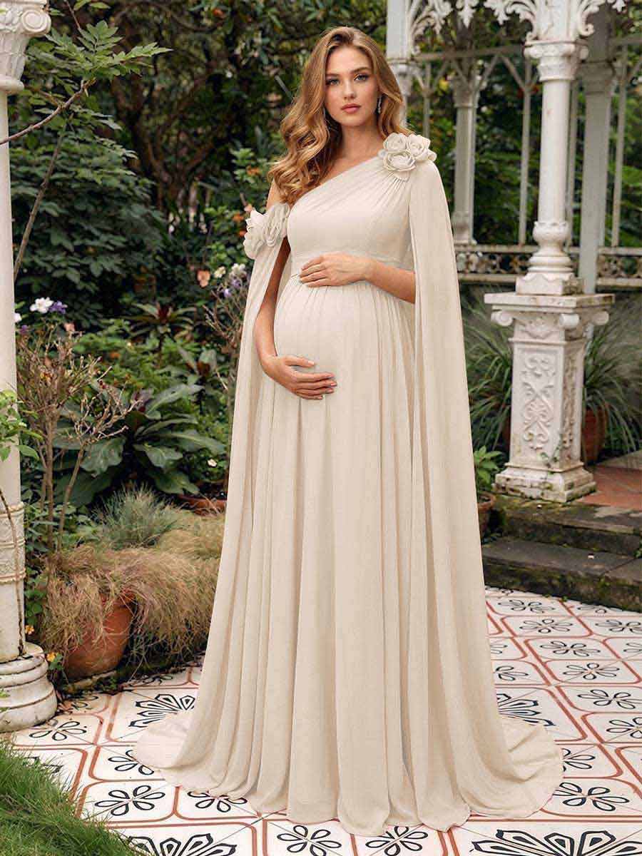 A-Line/Princess One-Shoulder Floor-Length Maternity Wedding Guest Dresses with Pleated &amp; 3D Floral