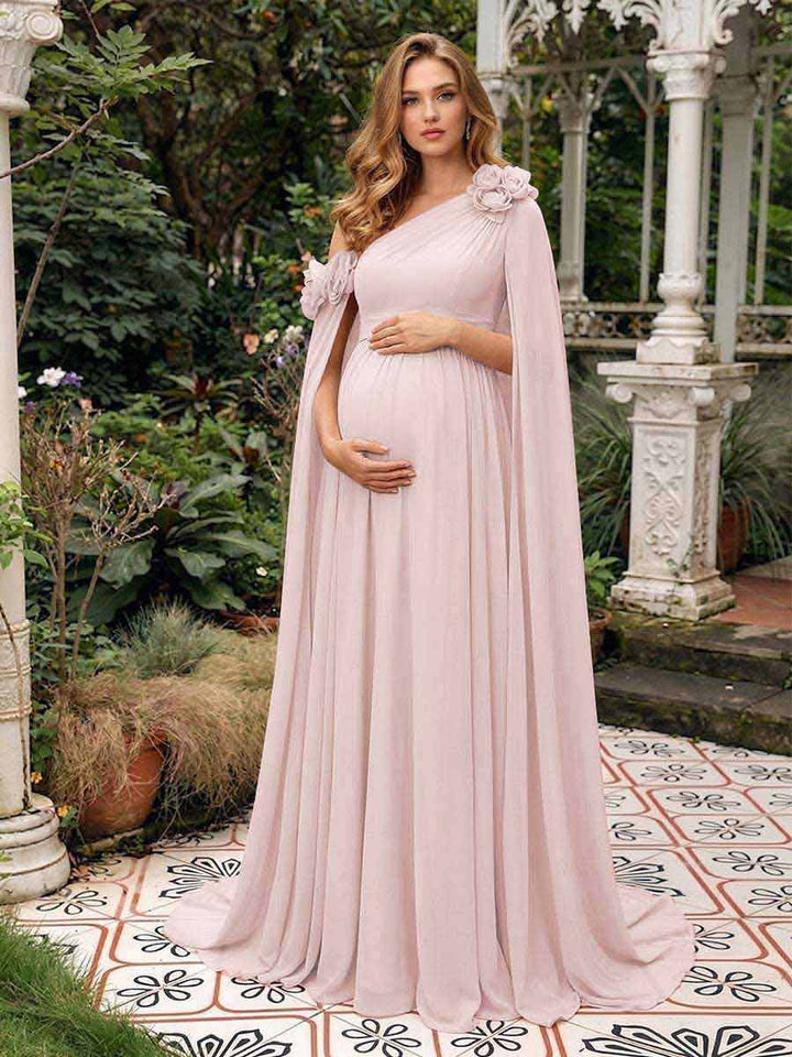 A-Line/Princess One-Shoulder Floor-Length Maternity Wedding Guest Dresses with Pleated &amp; 3D Floral