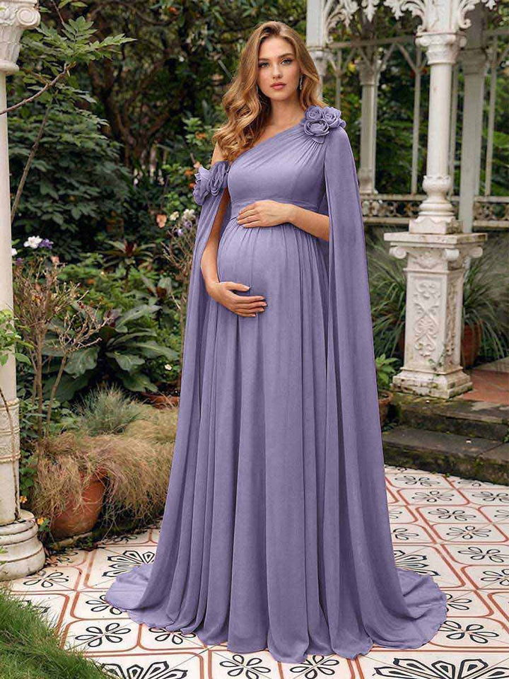 A-Line/Princess One-Shoulder Floor-Length Maternity Wedding Guest Dresses with Pleated &amp; 3D Floral
