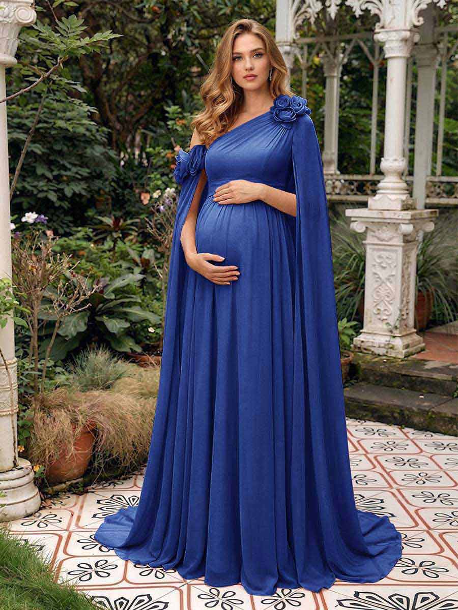 A-Line/Princess One-Shoulder Floor-Length Maternity Wedding Guest Dresses with Pleated &amp; 3D Floral