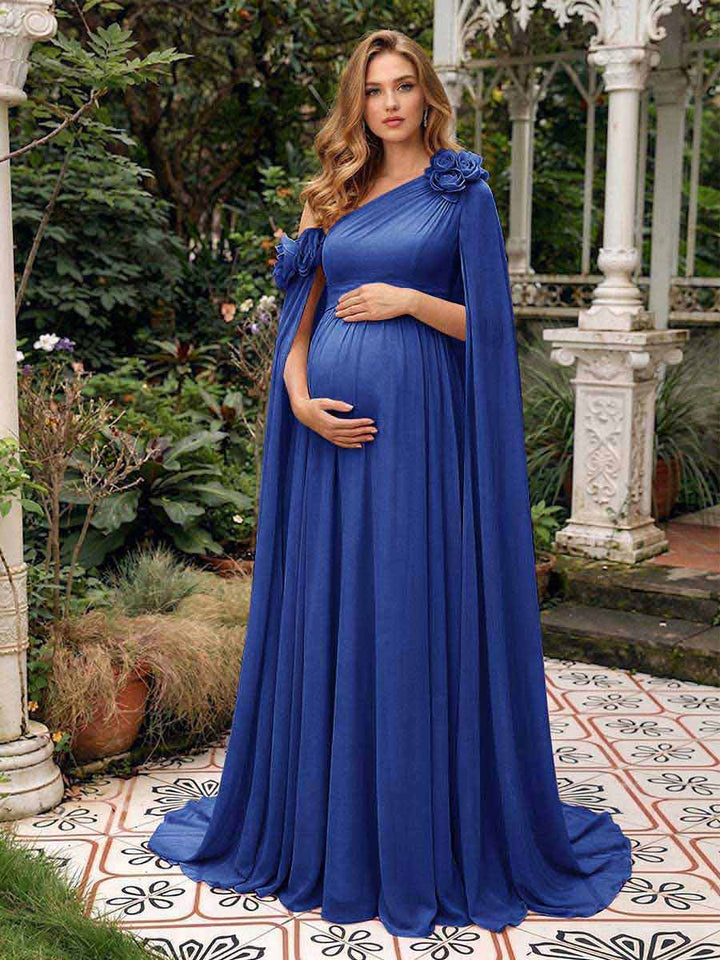 A-Line/Princess One-Shoulder Floor-Length Maternity Wedding Guest Dresses with Pleated &amp; 3D Floral