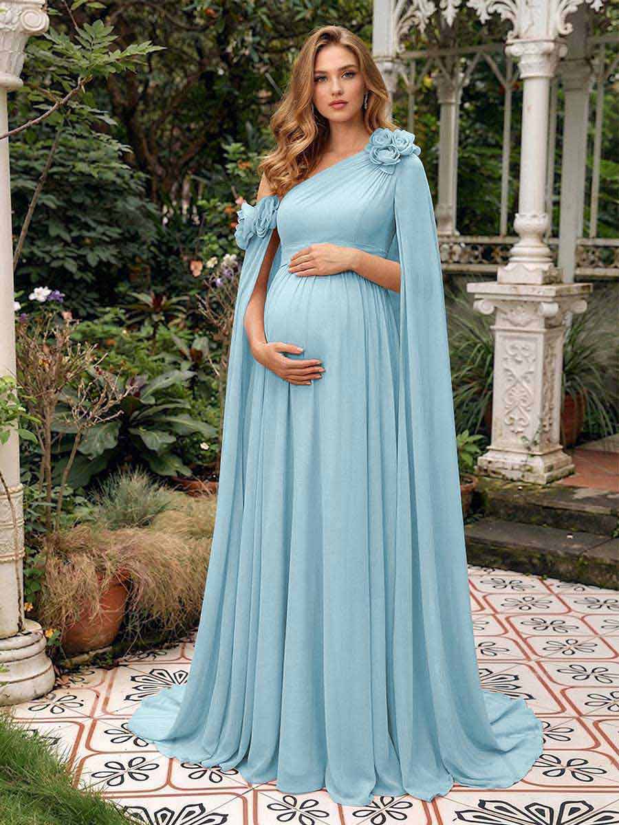 A-Line/Princess One-Shoulder Floor-Length Maternity Wedding Guest Dresses with Pleated &amp; 3D Floral