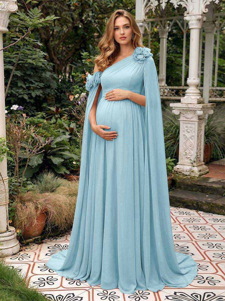 A-Line/Princess One-Shoulder Floor-Length Maternity Wedding Guest Dresses with Pleated &amp; 3D Floral