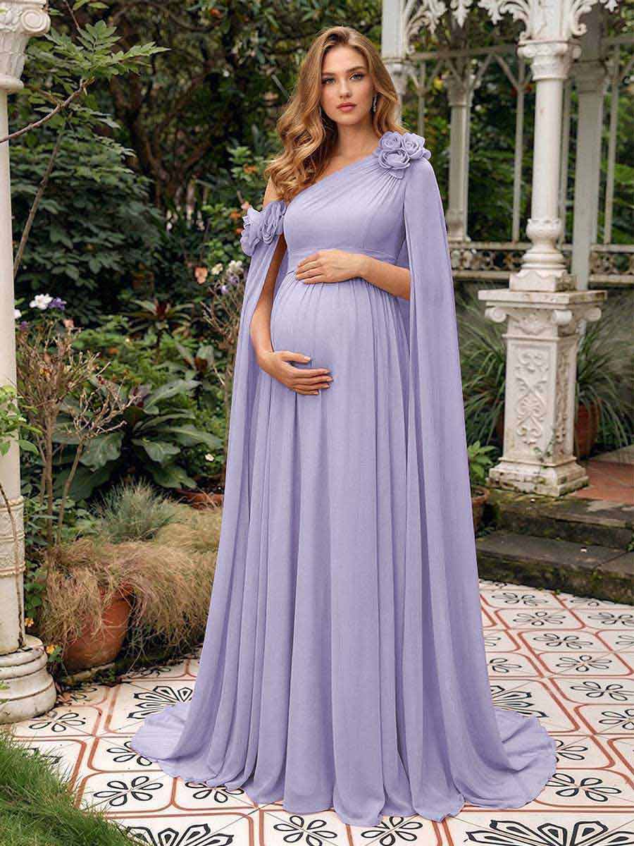 A-Line/Princess One-Shoulder Floor-Length Maternity Wedding Guest Dresses with Pleated &amp; 3D Floral