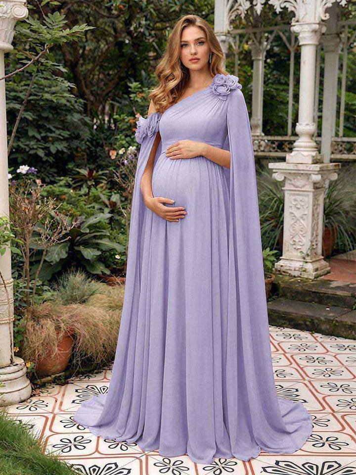 A-Line/Princess One-Shoulder Floor-Length Maternity Wedding Guest Dresses with Pleated &amp; 3D Floral