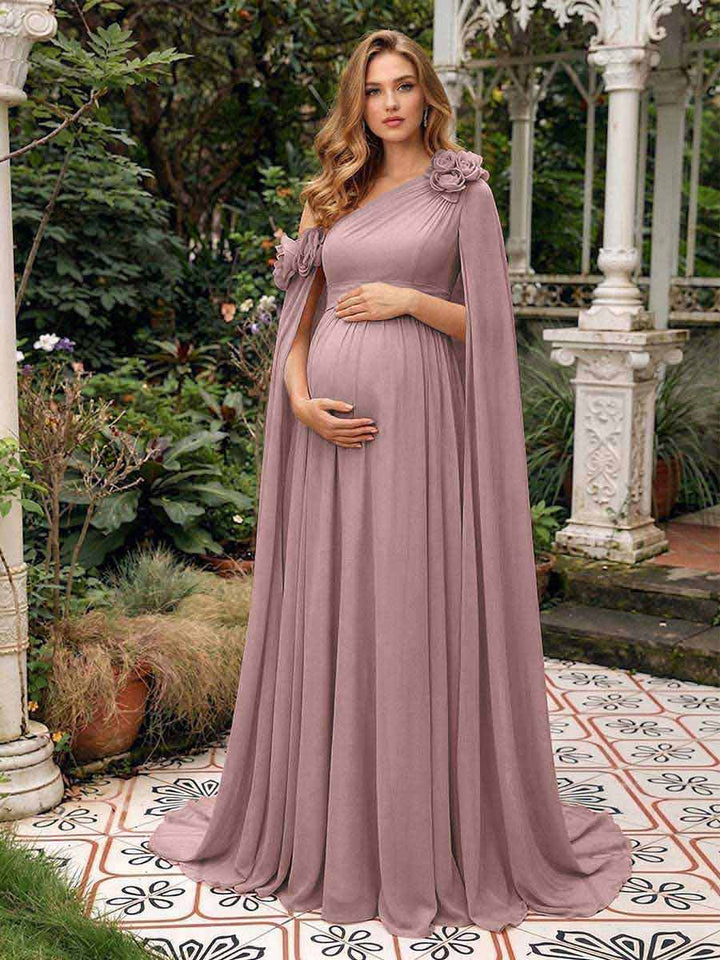 A-Line/Princess One-Shoulder Floor-Length Maternity Wedding Guest Dresses with Pleated &amp; 3D Floral
