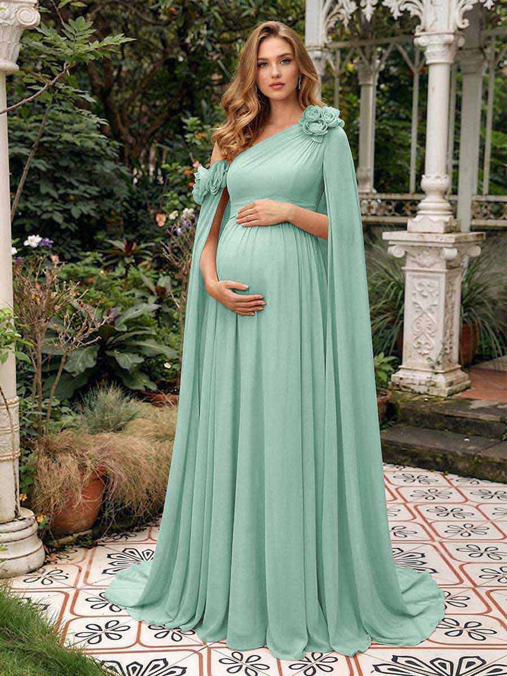 A-Line/Princess One-Shoulder Floor-Length Maternity Wedding Guest Dresses with Pleated &amp; 3D Floral
