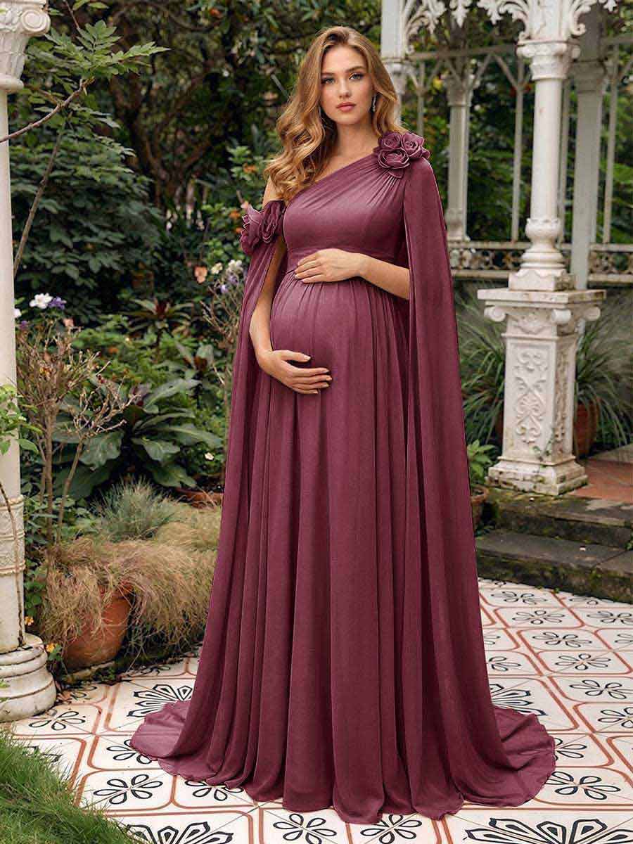 A-Line/Princess One-Shoulder Floor-Length Maternity Wedding Guest Dresses with Pleated &amp; 3D Floral