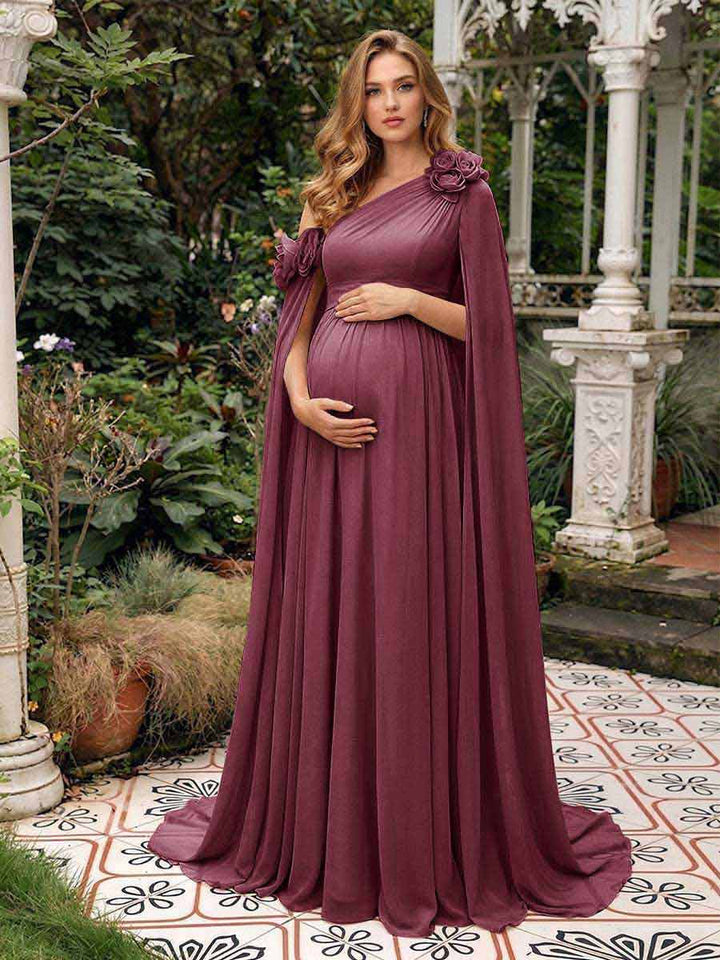 A-Line/Princess One-Shoulder Floor-Length Maternity Wedding Guest Dresses with Pleated &amp; 3D Floral