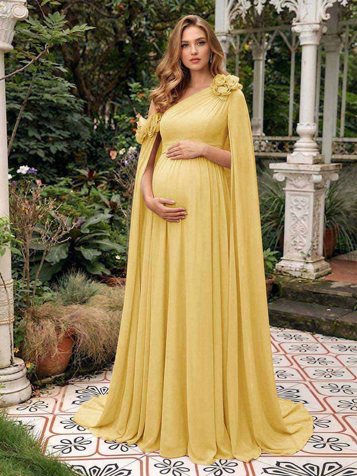 A-Line/Princess One-Shoulder Floor-Length Maternity Wedding Guest Dresses with Pleated &amp; 3D Floral