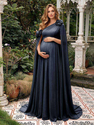 A-Line/Princess One-Shoulder Floor-Length Maternity Wedding Guest Dresses with Pleated & 3D Floral