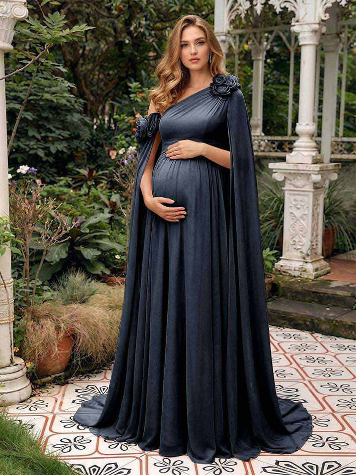 A-Line/Princess One-Shoulder Floor-Length Maternity Wedding Guest Dresses with Pleated &amp; 3D Floral