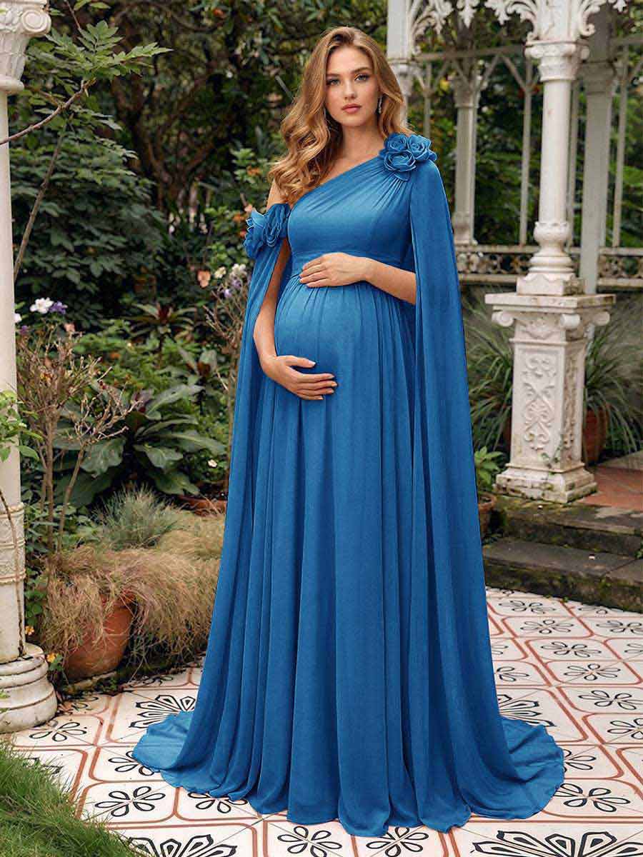 A-Line/Princess One-Shoulder Floor-Length Maternity Wedding Guest Dresses with Pleated &amp; 3D Floral