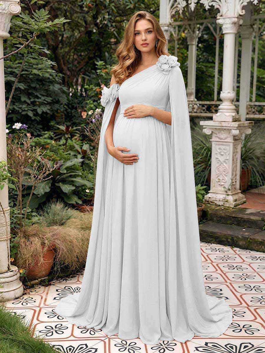A-Line/Princess One-Shoulder Floor-Length Maternity Wedding Guest Dresses with Pleated &amp; 3D Floral