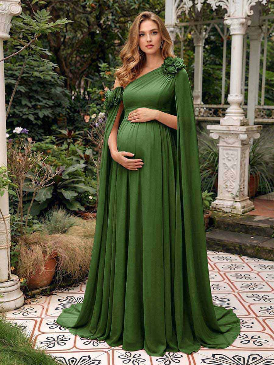 Lavetir Olive Green A-Line/Princess One-Shoulder Floor-Length Maternity Wedding Guest Dresses with Pleated & 3D Floral 2026