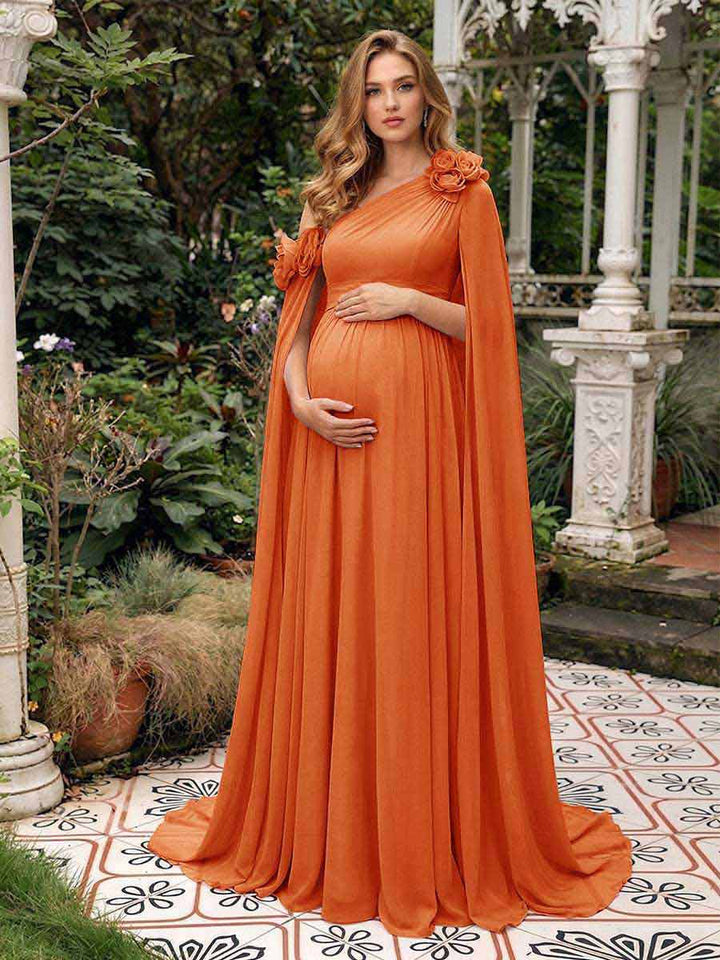 A-Line/Princess One-Shoulder Floor-Length Maternity Wedding Guest Dresses with Pleated &amp; 3D Floral