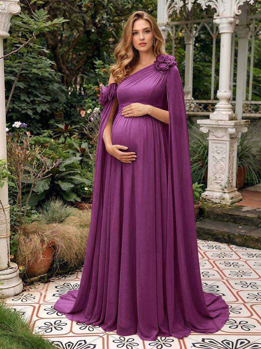 A-Line/Princess One-Shoulder Floor-Length Maternity Wedding Guest Dresses with Pleated &amp; 3D Floral