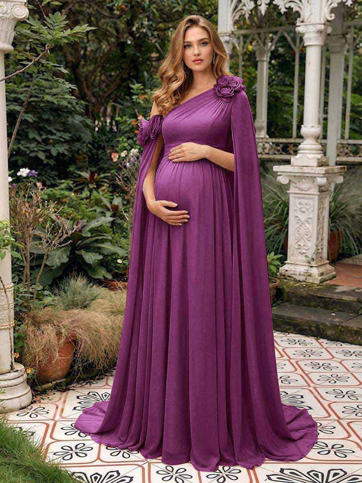 A-Line/Princess One-Shoulder Floor-Length Maternity Wedding Guest Dresses with Pleated &amp; 3D Floral